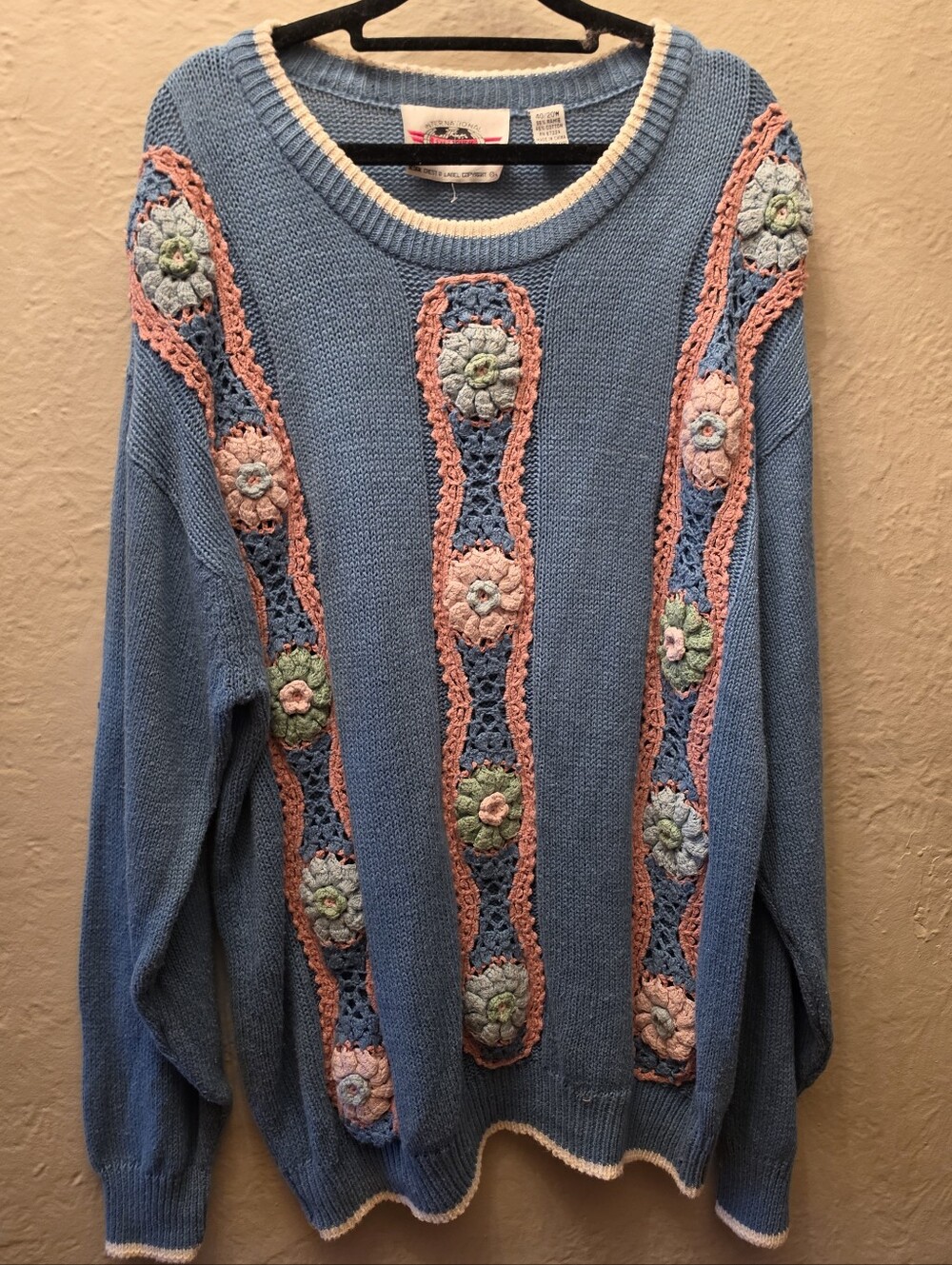 Vintage 90s Plus Size Crochet Floral Ramie Cotton Sweater 20W Cottagecore
